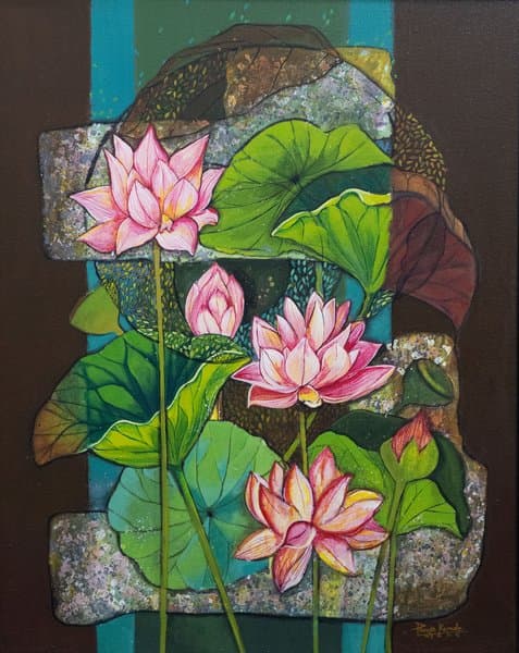 Sattva In Bloom- 5 Lotus Rhythm Of Purity | Contemporary Pink Lotus Flower Wall Art