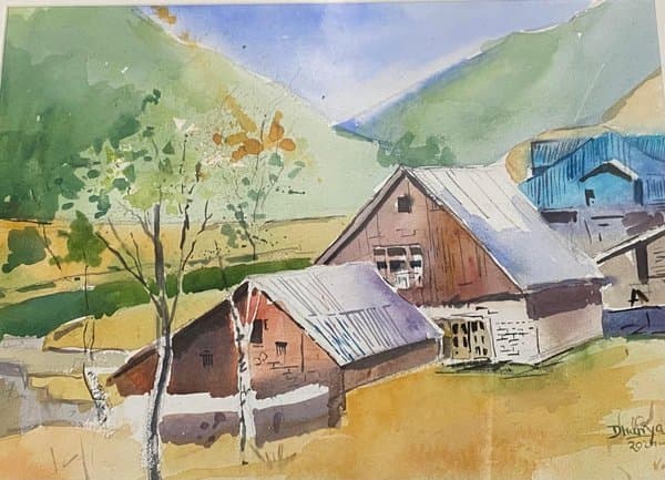 Kashmir Village | Watercolor Mountain Village Landscape