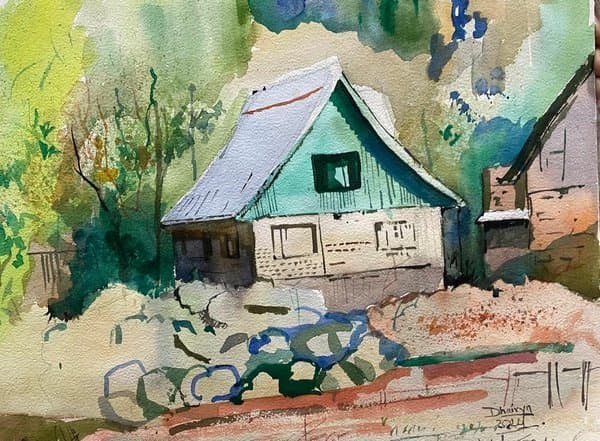 Green House In Kashmir | Rustic Village Landscape Wall Art