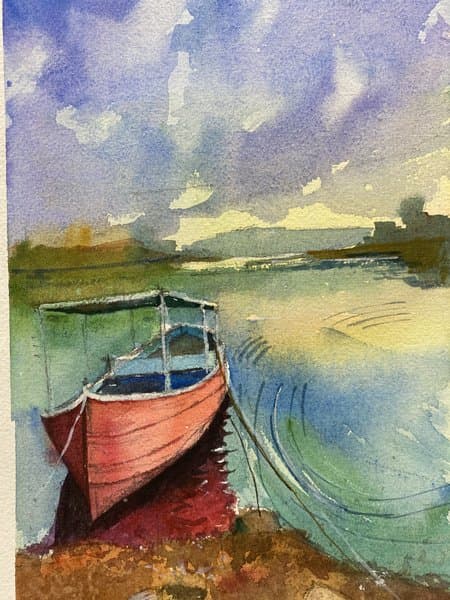 Evening Shore | Boat Watercolor Art