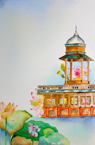 My Dream Garden | Lotus Pavilion Watercolor Painting