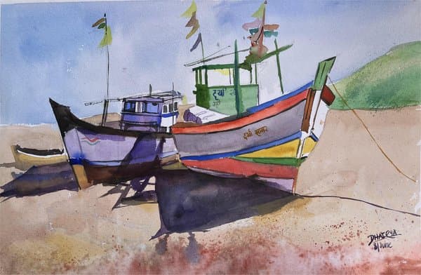 Boats on Shore | Seascape Painting
