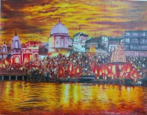 The Divine Ganga Aarti | Varanasi Ghat Painting