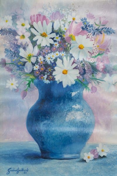 Pastel Serenity | Blue Vase Floral Oil Painting