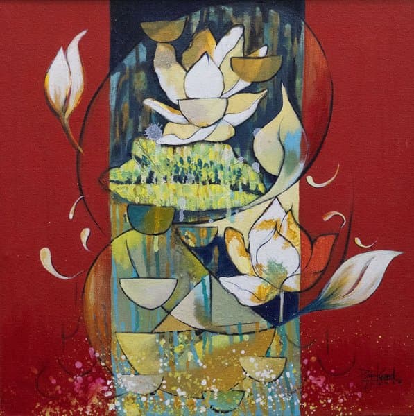 Floric Nature White Lotus On Crimson Purity In Power  Contemporary Floral Wall Art
